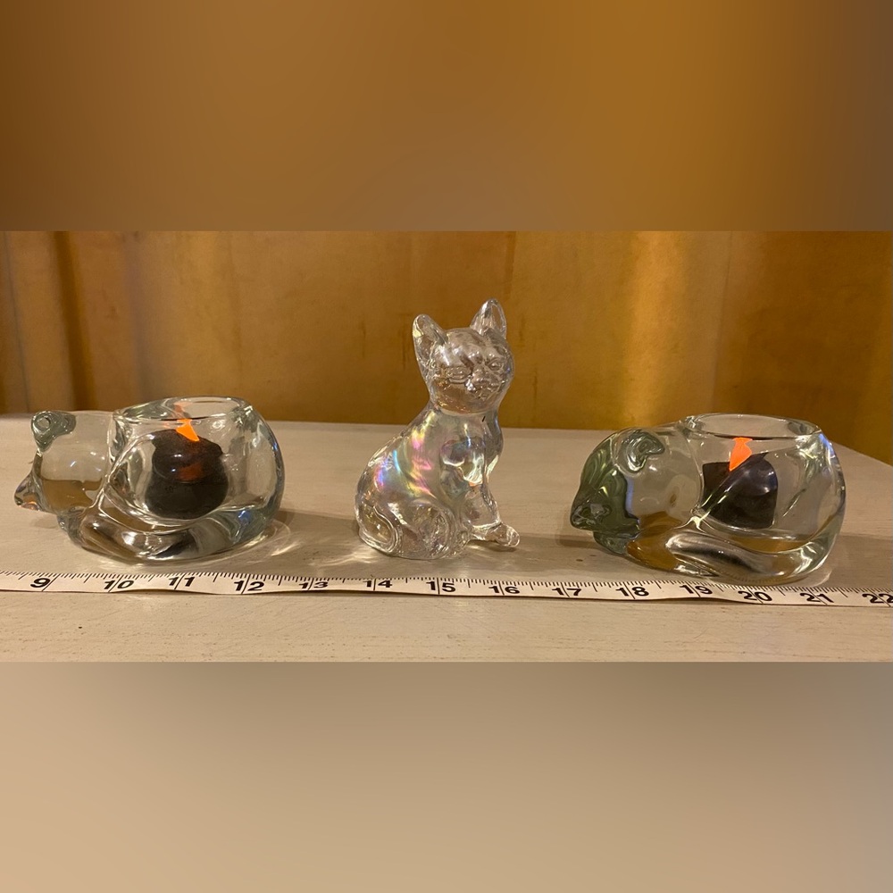 PERFECT Iridescent Glass Cat And 2 Glass Candle Holders Mo Chips Cracks or Flaws - Picture 8 of 10